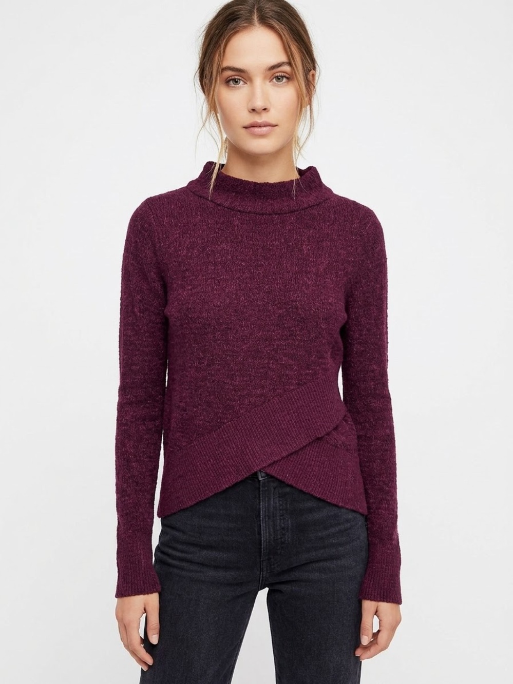 Free People Boho Wrap Asymmetric Hem Long-Sleeve Sweater Maroon